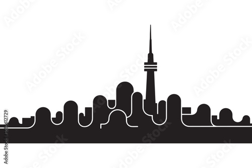 A black silhouette of a city skyline with a prominent tower against a white background