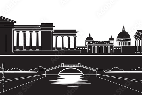 A black and white illustration of a city skyline with a bridge over a river