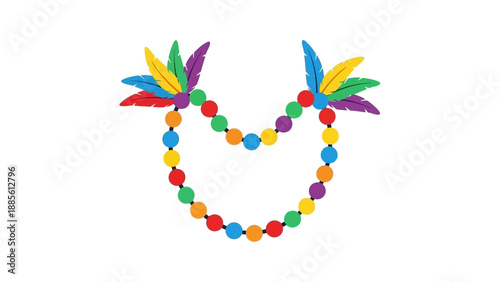 A colorful necklace made of small cubes and adorned with multicolored feathers on a white background in a flat lay composition with vibrant tones.