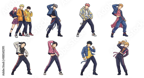 Vibrant anime characters in dynamic dance poses with trendy outfits
