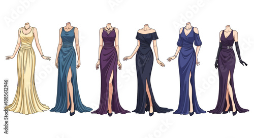 Elegant evening gowns in various colors on mannequins