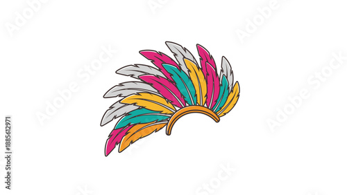 Colorful illustration of a feathered headdress with pink, orange, teal, and white feathers on a brown base against a white background.