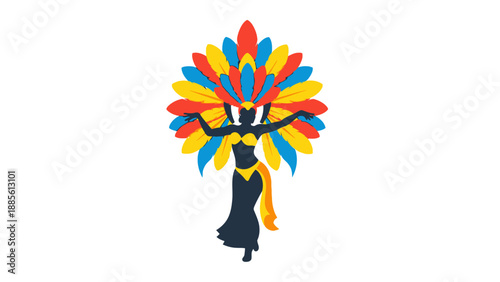 Silhouette of a person with a vibrant, multicolored feathered headdress against a plain white background.