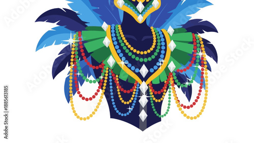 Vibrant colorful costume with feathers beads and sequins on white background with a festive mood.