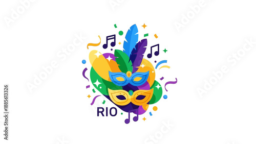 Colorful Mardi Gras mask with feathers and confetti on a white background with Rio text.