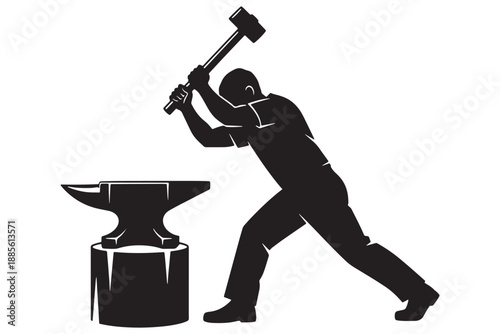 A black silhouette of a man hammering away at an anvil with a large sledgehammer
