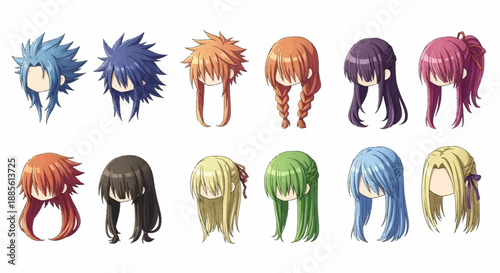 Vibrant anime hairstyles for characters in various colors and styles
