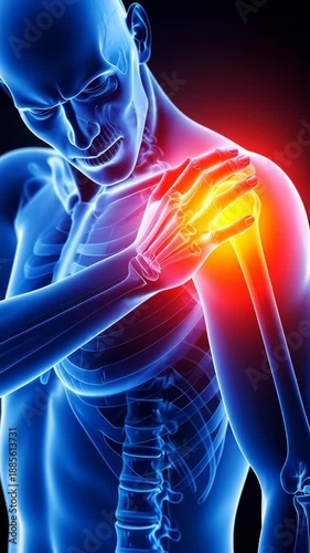 Digital rendering of a human torso skeleton with shoulder inflammation, joint injury and pain in red and yellow on black backdrop.