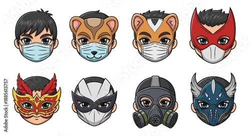 Cartoon characters wearing various masks and face coverings
