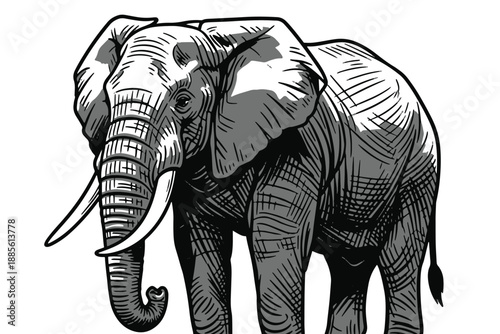 A black and white illustration of an elephant standing alone