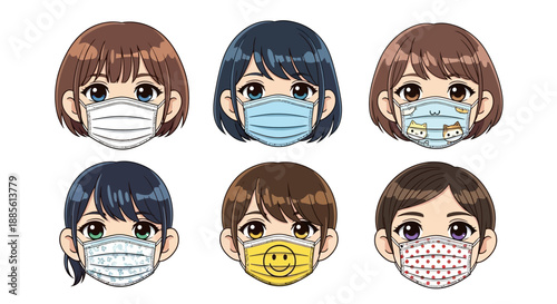 Diverse cartoon faces wearing stylish face masks