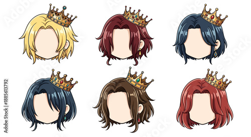 Six royal cartoon heads with colorful crowns and earrings