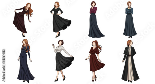 Elegant women in various stylish dresses and poses