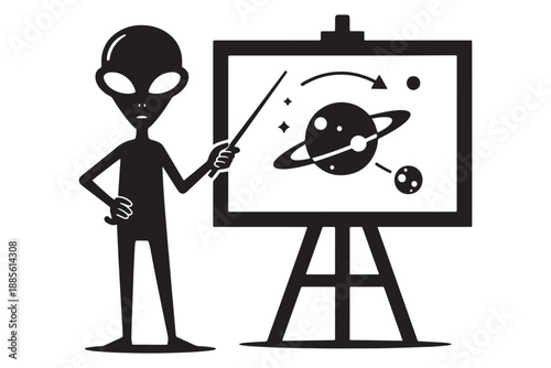 A cartoon alien presenting a solar system diagram on a whiteboard with a pointer in hand.
