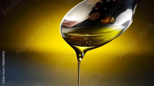Golden olive oil slowly pouring from a silver spoon with a thick droplet, glistening against a bright yellow background