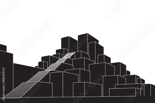 A black and white illustration of a cityscape with a staircase leading up to a cluster of buildings