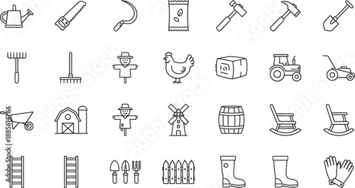 Large set of outline agriculture and gardening icons featuring tools, tractor, barn, and farm animals on white background.
