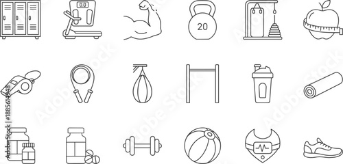 Large set of outline fitness and gym icons featuring treadmill, dumbbells, kettlebell, punch bag, and healthy lifestyle symbols.