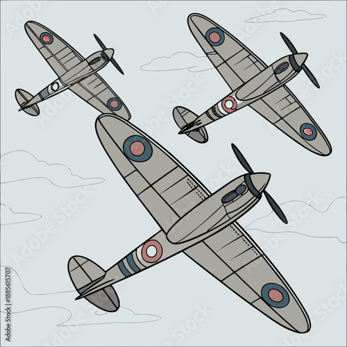 Gray airplanes with red and blue circles flying in formation