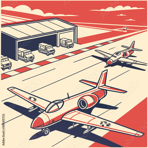 Military aviation scene with jets parked on tarmac