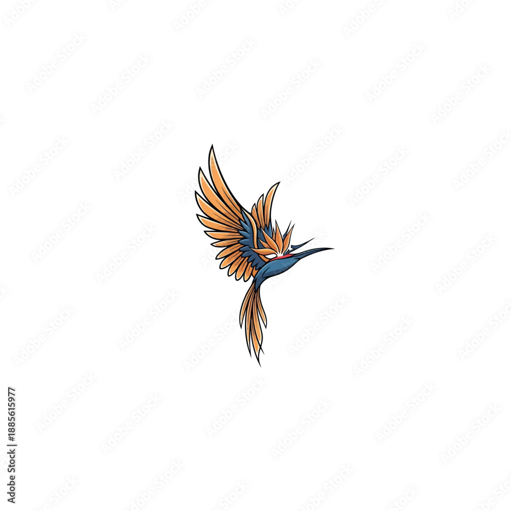 Obraz premium A vibrant bird with orange and blue feathers flies through the air swiftly.