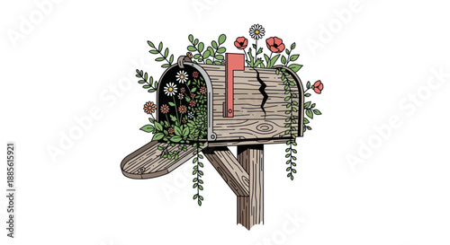 An old, overgrown mailbox bursting with flowers and vines.