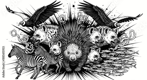 African wildlife montage with porcupine, hyenas, zebra, birds and fish.