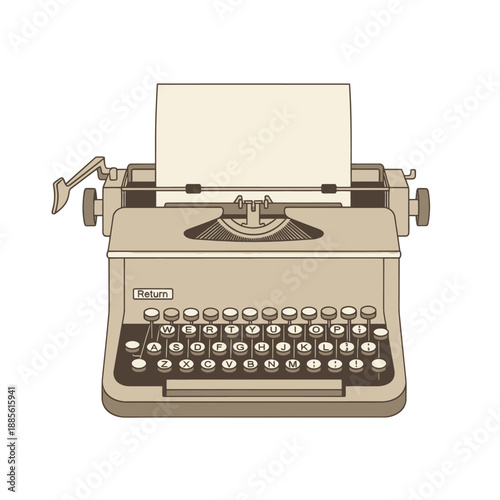 Retro typewriter with paper on white background.
