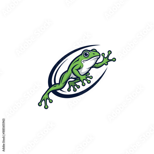 A green frog jumping through a circular motion with a white background