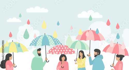 People holding umbrellas on a rainy day with colorful raindrops and clouds.