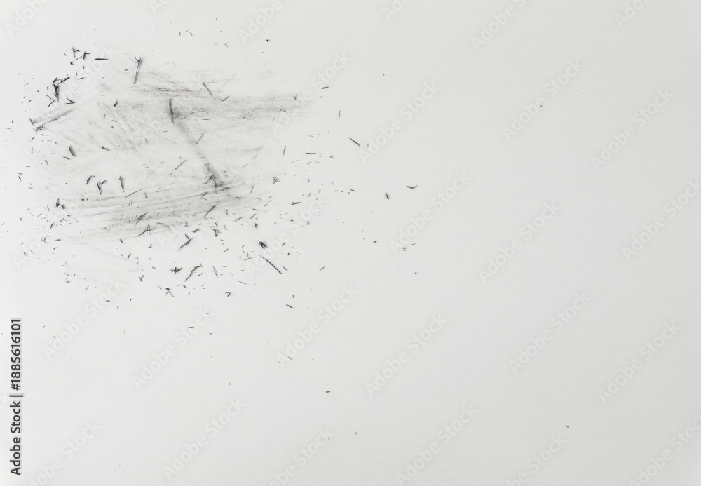 Ταπετσαρία Black eraser scrap, shavings on white paper background, design element, top view
