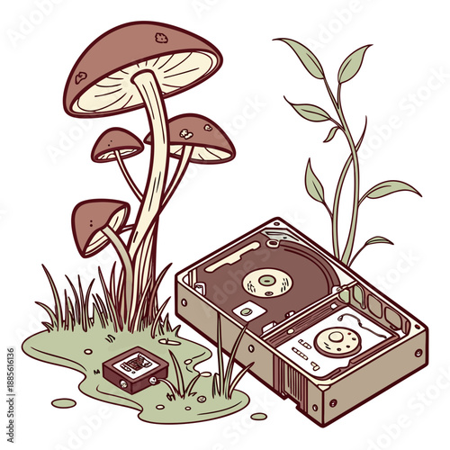 Brown mushrooms sprouting from old hard drive and cassette tape