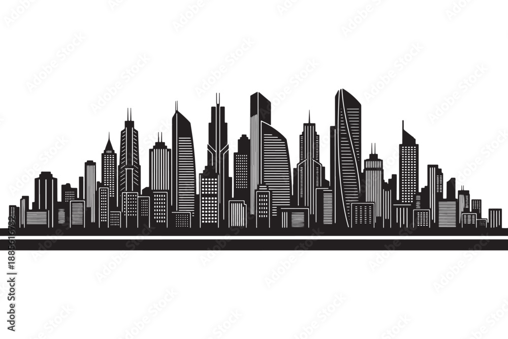 Obraz premium A black and white illustration of a modern city skyline with tall buildings and skyscrapers