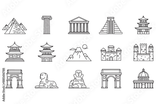 A collection of iconic landmarks and monuments from around the world in simple line drawings.