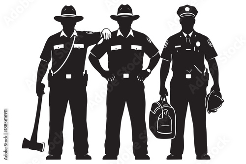 Three emergency responders in uniform standing together in a heroic pose