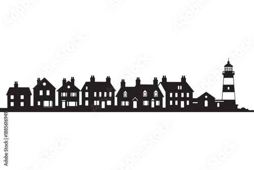 A black silhouette of a quaint coastal town with houses and a lighthouse
