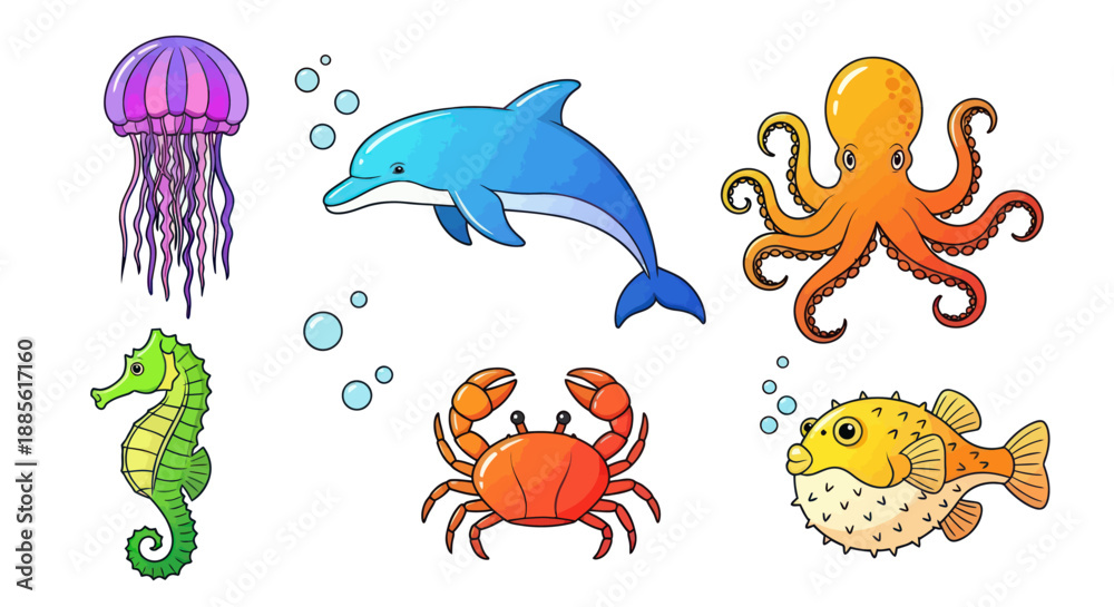 Fototapeta premium Collection of cute sea creatures, cartoon style