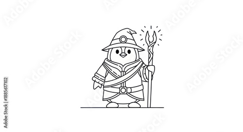 Cartoon penguin wizard holding a magic staff.