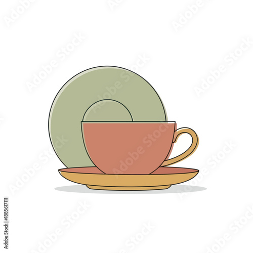 A stylized illustration of a pink tea cup with a saucer and matching plate.