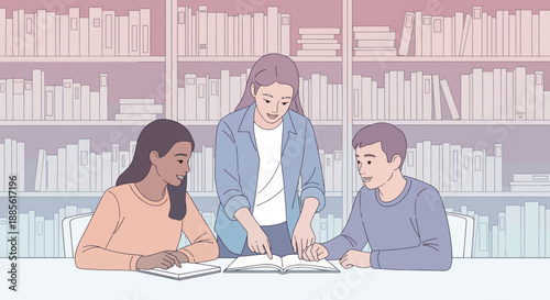 Diverse students studying together in a library.
