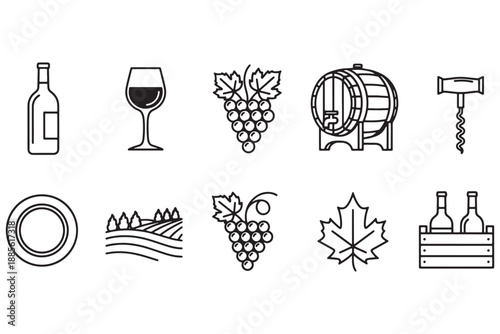 A collection of wine and vineyard related icons on a white background