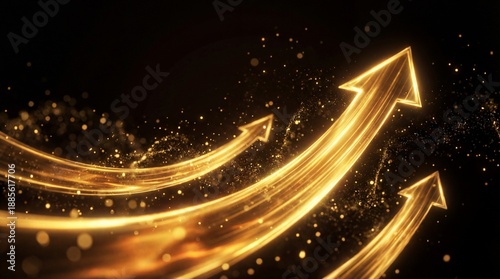 Golden upward arrows with sparkling light trails conveying dynamic growth and optimism in dark background, energetic and elegant mood