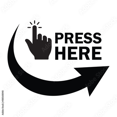 Minimalist black and white vector icon of a hand clicking above "PRESS HERE" text, framed by a circular arrow. Clean graphic for digital interfaces, calls to action, and interactive web design.