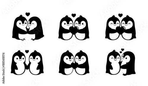 Kawaii penguin couple vector illustration set with romantic cute poses isolated on white