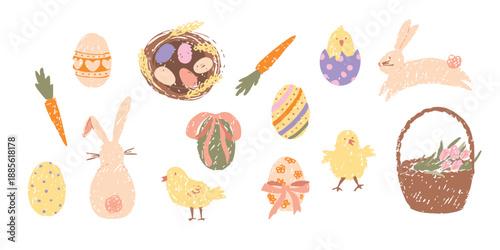 Hand drawn easter collection, spring crayon style elements with Bunnies, Chicks and Eggs