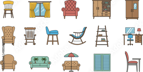 Cartoon-style furniture and home decor collection featuring chairs, sofas, cabinets, wardrobes, windows, bookshelves, desk setup, and decorative household items.