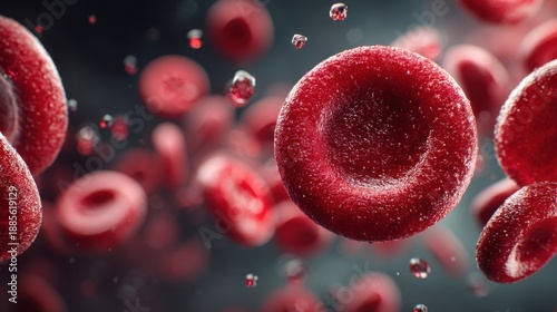 Red blood cells, 3D rendering, biological and medical healthcare concept, blurred background.