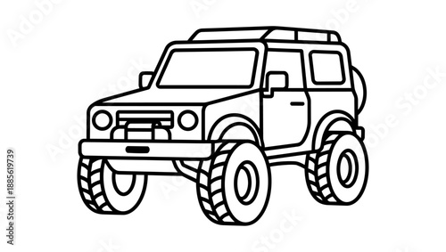 Simple black and white line drawing of a rugged suv with a roof rack high quality