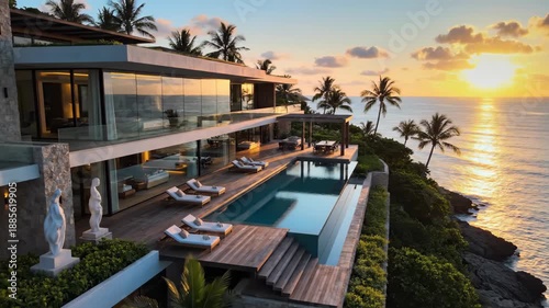 Luxury oceanfront residence featuring infinity pool at sunset