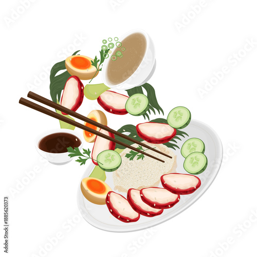 Vector Illustration logo Clip art Levitation Chicken Char Siu with Hainan Rice